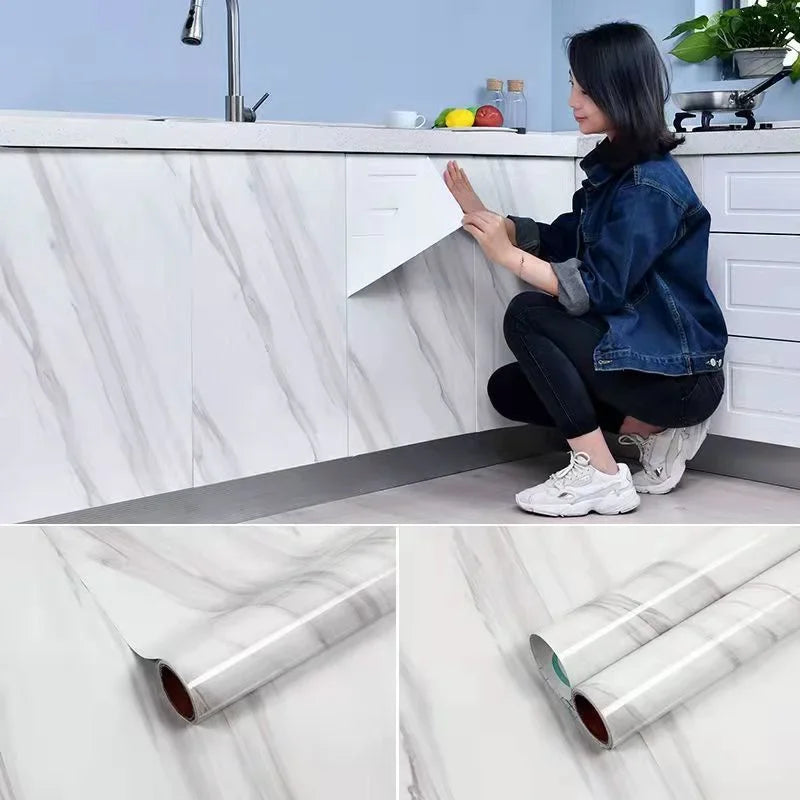 55cm Marble PVC Waterproof and Oil Resistant Self-Adhesive Wall Sticker for Living Room and Kitchen Cabinet Decoration Wallpaper Qme