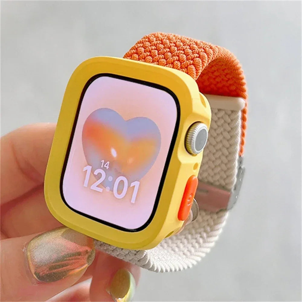 Candy Silicone Case+Strap For Apple Watch Series 9 8 7 45mm 41mm Band SE 6 5 4 44mm 40mm Nylon correa Strap iwatch Ultra 2 49mm Qme Starlight Orange For Ultra 2 49MM