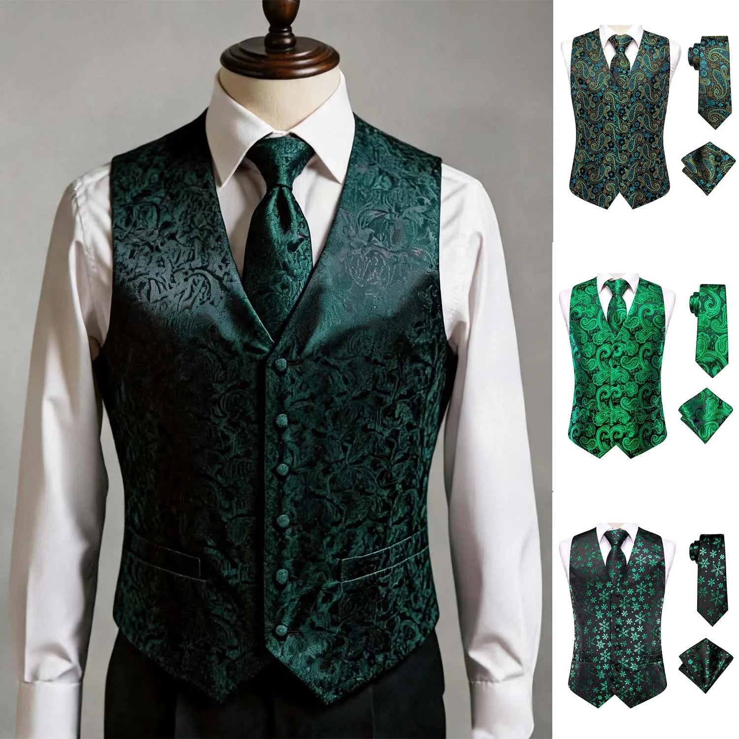 Green Men Vest Three-piece Suit Dress Waistcoat Tie Pocket Square Qme