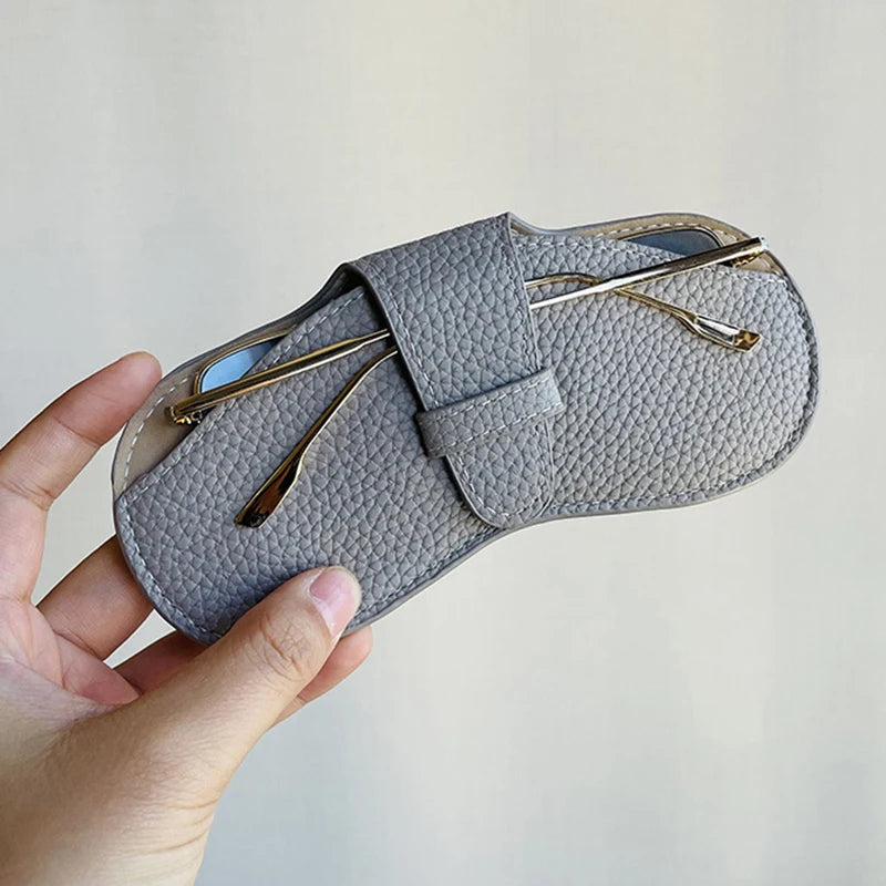 PU Leather Portable Glasses Bag Sunglasses Storage Bags Men and Women Car Glasses Protective Cover Anti-crushing Glasses Clip Qme Gray