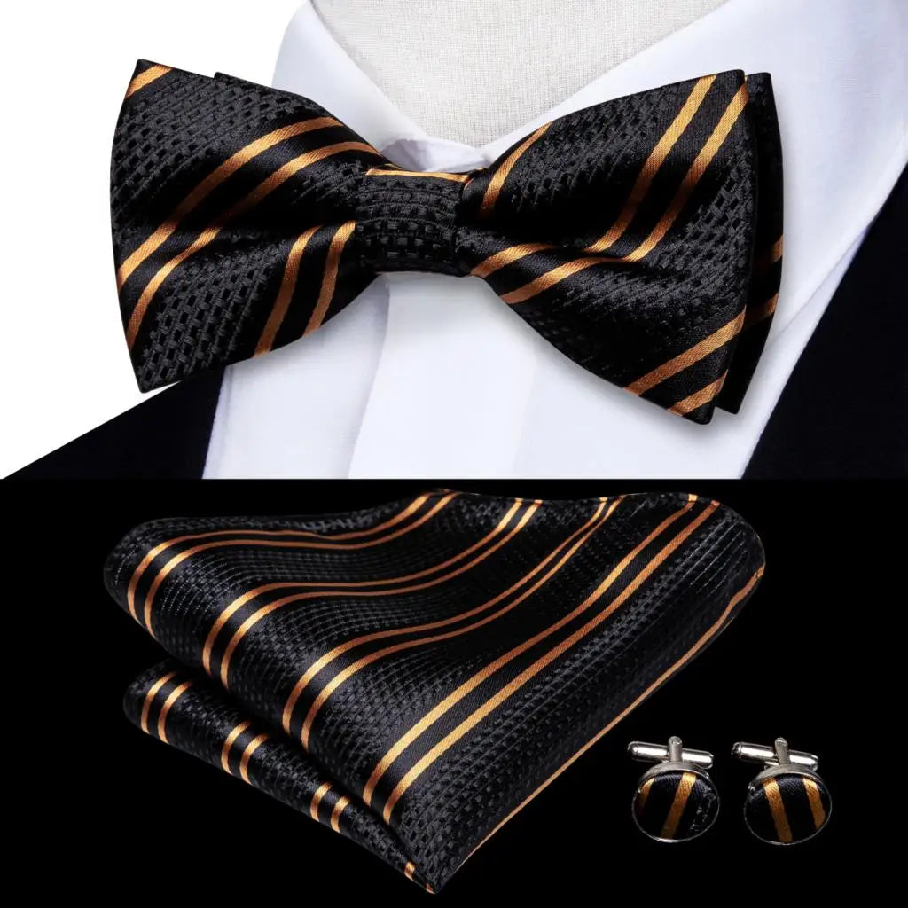 Beige Champagne Gold Mens Bow Tie Hanky Cufflinks Jacquard Floral Pre