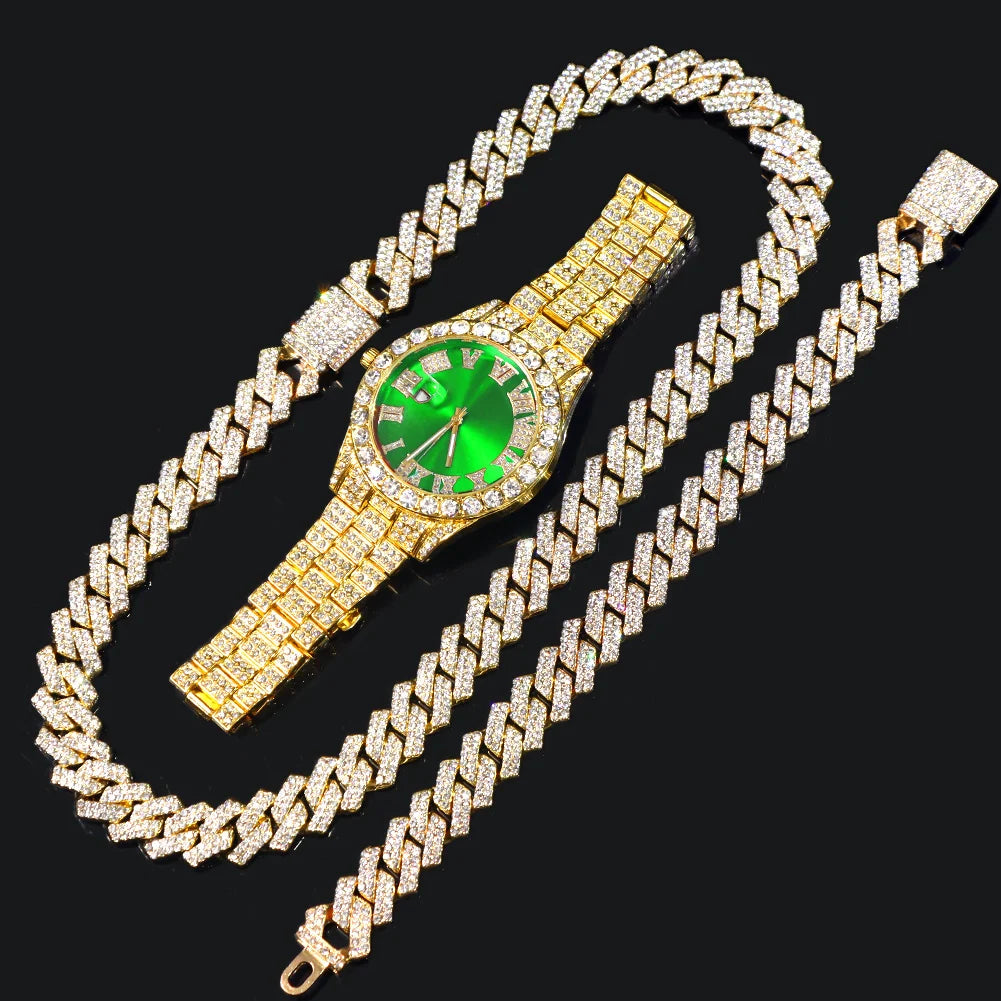 Fashion Rhinestone Wrist Watch & Hip Hop 14MM Prong Cuban Chain & Rapper Cuban Necklaces Set, Punk Party Gift Qme Multicolor No