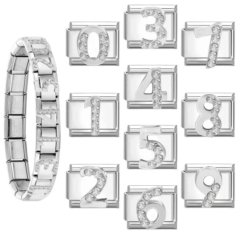 Hot Selling Shiny Zircon Numbers 0-9 Italian Charm Link 9mm Stainless Steel Modular Bracelet Jewelry Accessories DIY Wholesale Qme