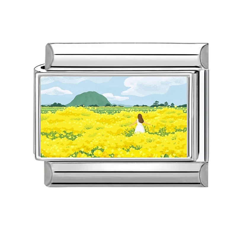 Fashion Colorful Scenery Boat Swan Lake Snow Mountain Charm Italian
