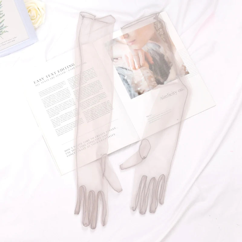 Fashion Long Sheer Tulle Gloves Ultra Thin Stretchy Full Finger Qme GRAY 55cm