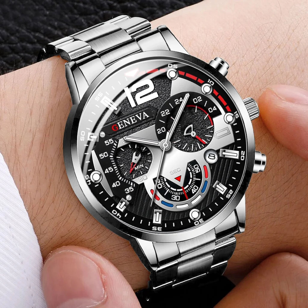 3/4 piece fashionable men's steel strip business quartz watch silver jewelry set (excluding gift box) Qme