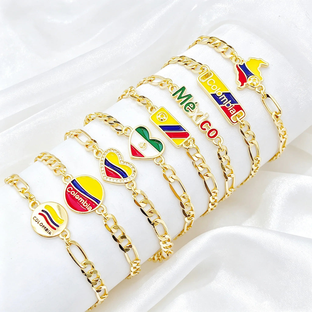 Adjustable Enamel Art Gold Plated Venezuela Colombia Flag Figaro Chain Bracelet for Men Women Holiday Anniversary Jewelry Gift Qme