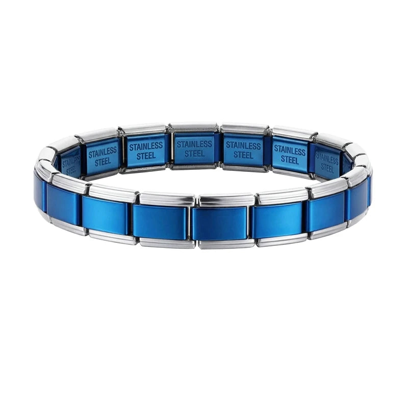 Italian Charms Silver Blue Stainless Steel Elastic Link Bangle Width