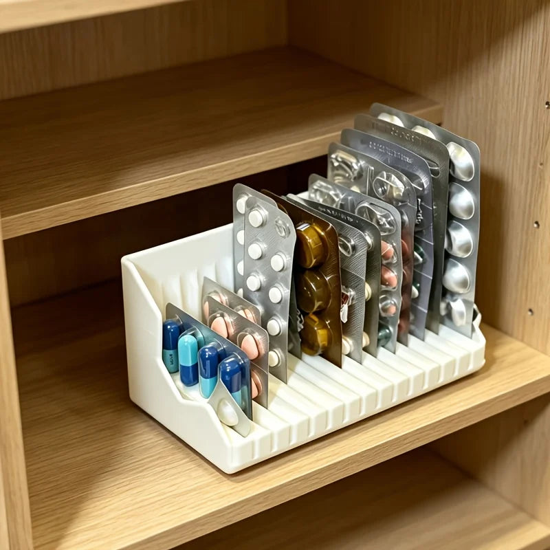 Vertical Blister Pill Card Organizer Tray, 15 Slots 8mm Slot Medicine Strip Storage Holder,Desktop Pharmacy Medication Rack Qme