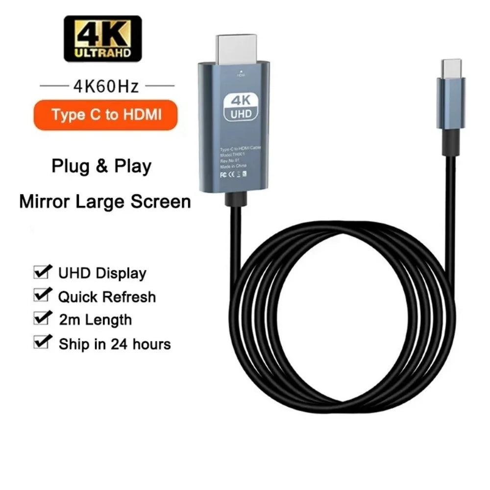 Type C To hdmi-Compatible HD Plug&Play 4K 60Hz USB C to hdmi TV Cable For Game Console Laptop Mobile Phones TV Display Converter Qme Black 60HZ