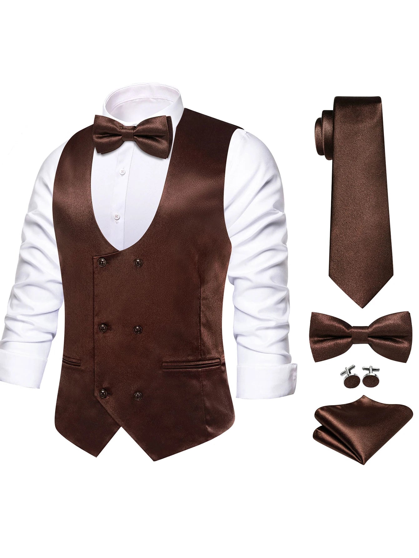 Men's Satin U Collar Vest Tie Hanky Cufflinks Bowtie Formal Waistcoat Qme MJTZ3259 S