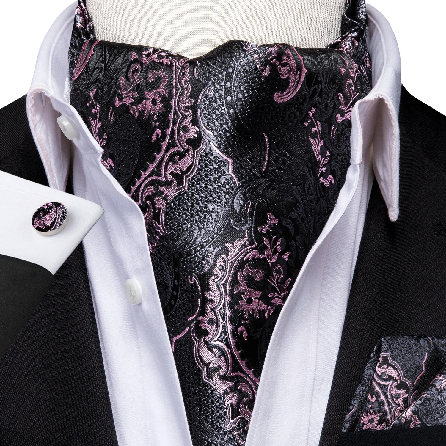 Hi-tie Mens Ascot Pocket Square Cufflinks Jacquard Paisley Floral Qme AS-1054