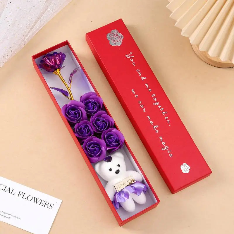 Plush Bear Artificial Flower Gift Box Soap Rose Flowers Creative Romantic Rose Valentines Day Mother Day Gift Wedding Home Decor Qme Purple