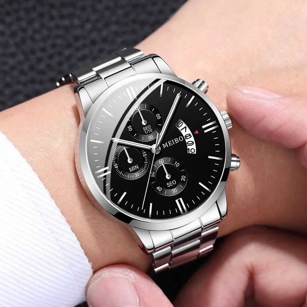 4PCS Men Business Watches Fashion Steel Band Date Quartz Watches Male Wristwatches Jewelry Set Relogio Masculino（Without Box） Qme