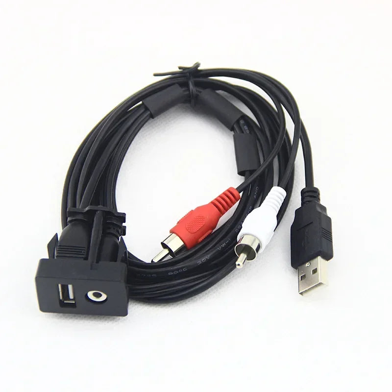 Car Boat Mot 1 Meters Length USB 2 RCA To 3.5mm Female Flush Mount AUX Stereo Qme black 3m