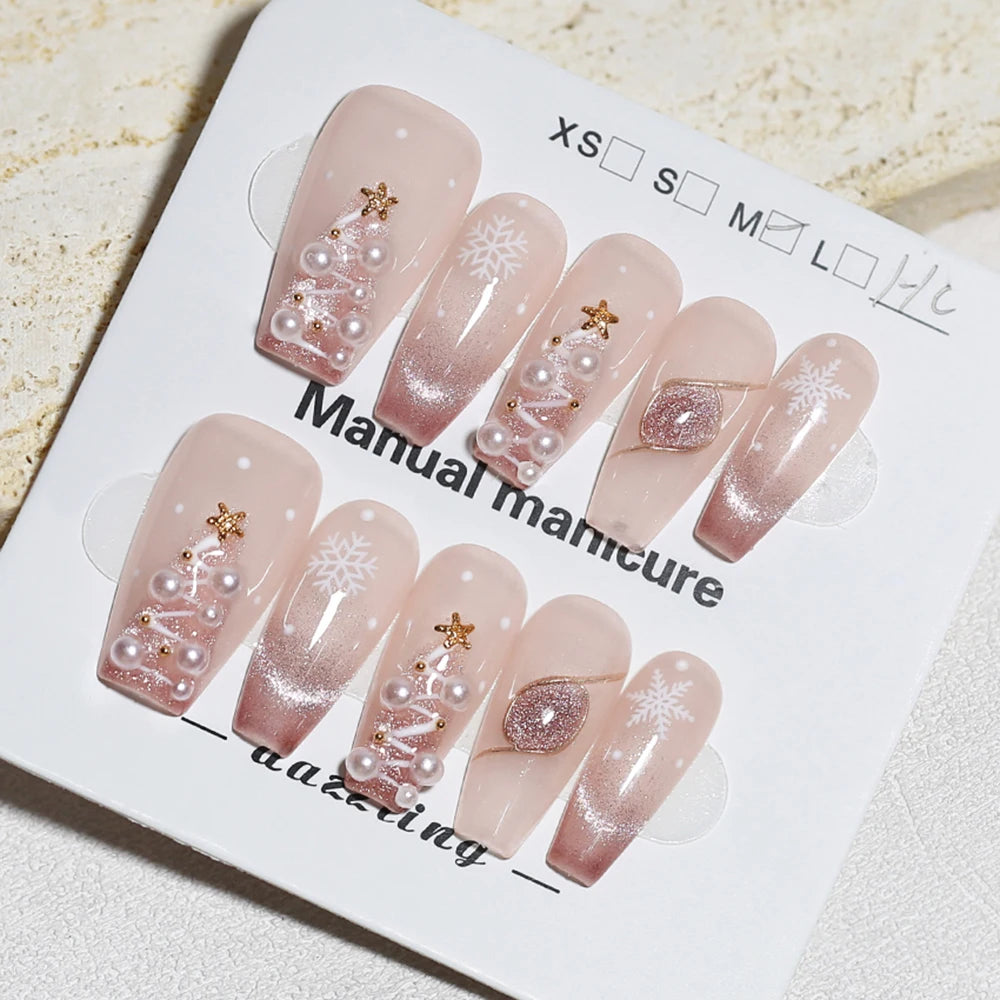 Christmas Nail Mid-lenght Press Pink Cat Eye Lustrous Fake Snowflake Qme