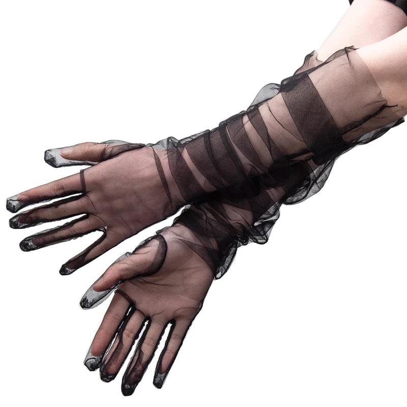 Long Sheer Tulle Gloves Ultra Thin Stretchy Full Finger Mittens Mesh Qme