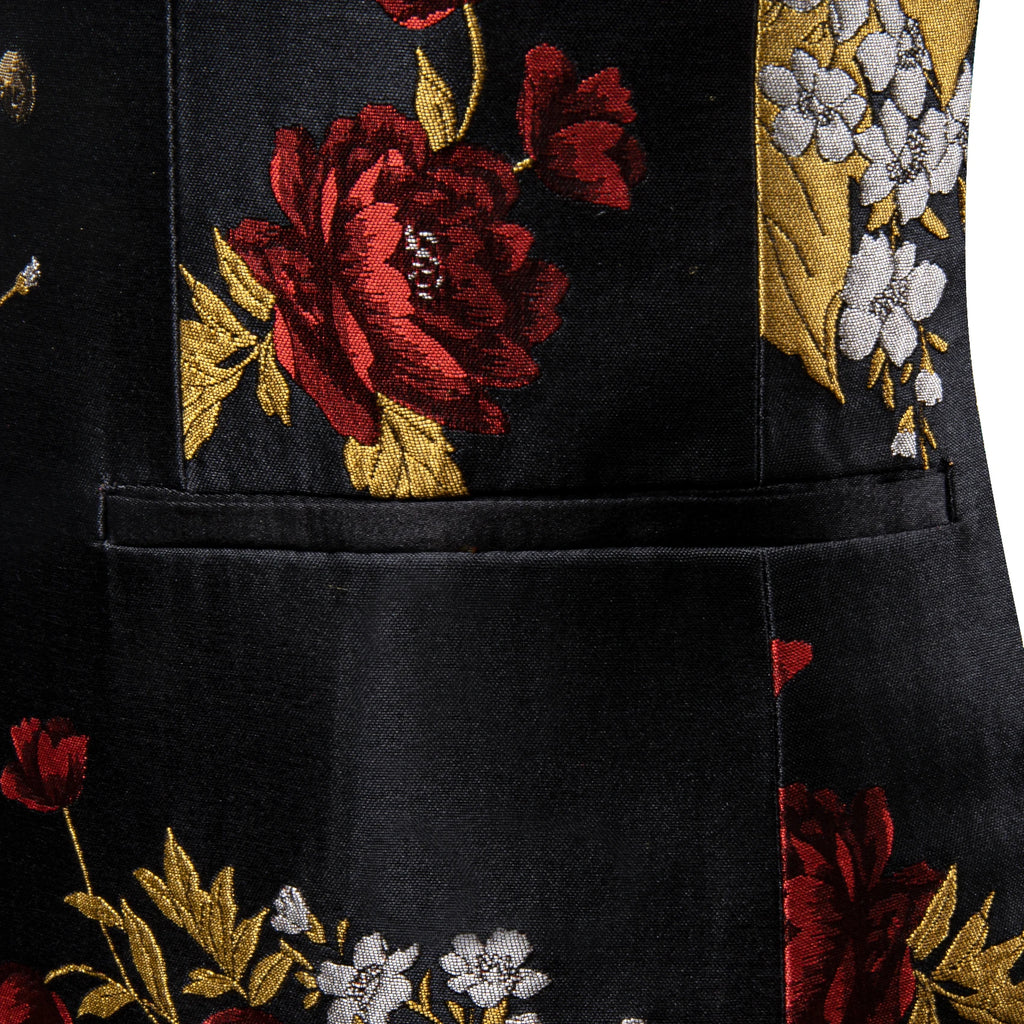Men's Black Gold Red Floral Jacquard Shawl Lapel Blazer Single Breasted Tuxedo Jacket Suit Coat for Wedding Prom Party Outerwear Qme