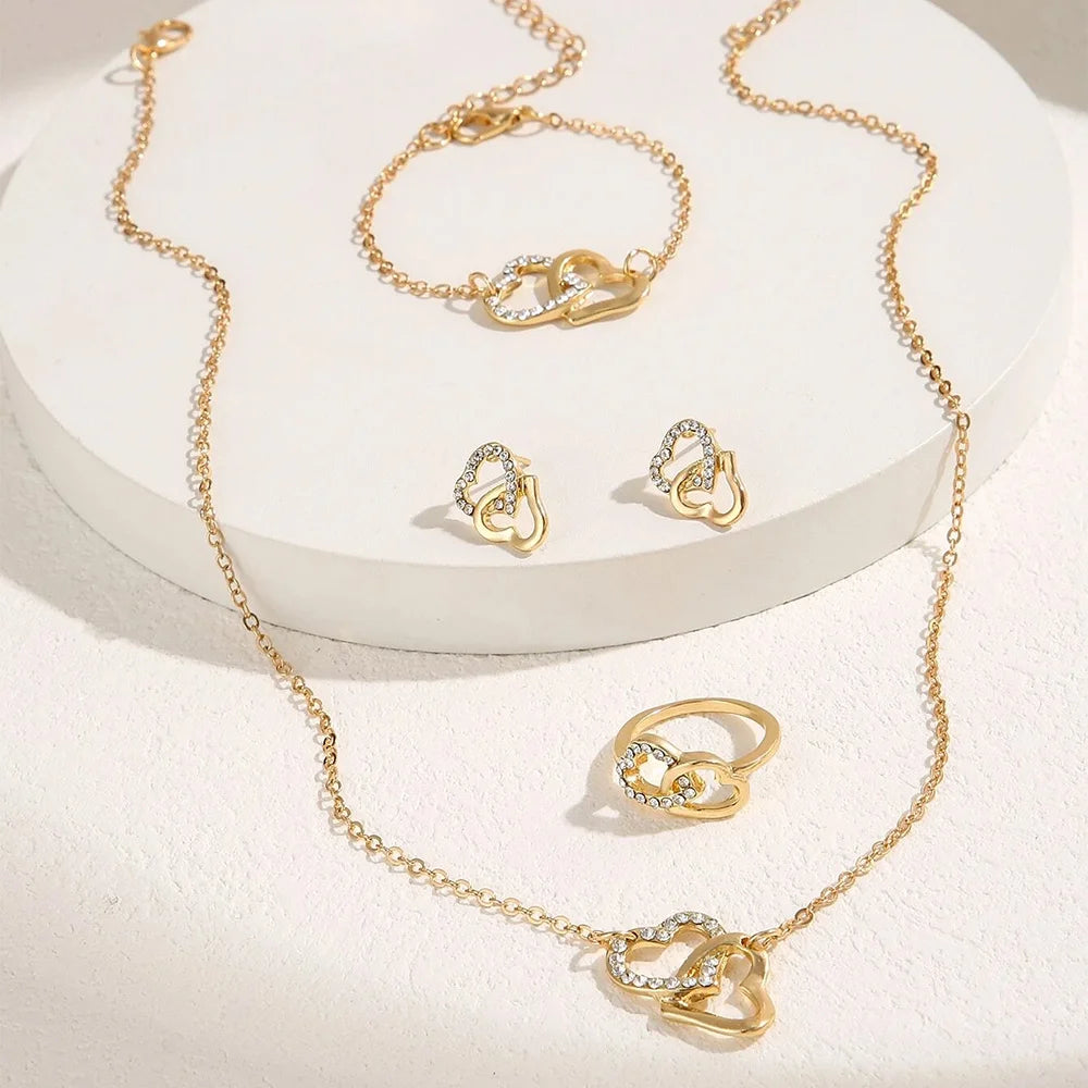 5-Piece wedding Fashionable &Exquisite Gold Rhinestone Heart Jewelry Set - Earrings, Necklace, Bracelet and Ring Combination Qme