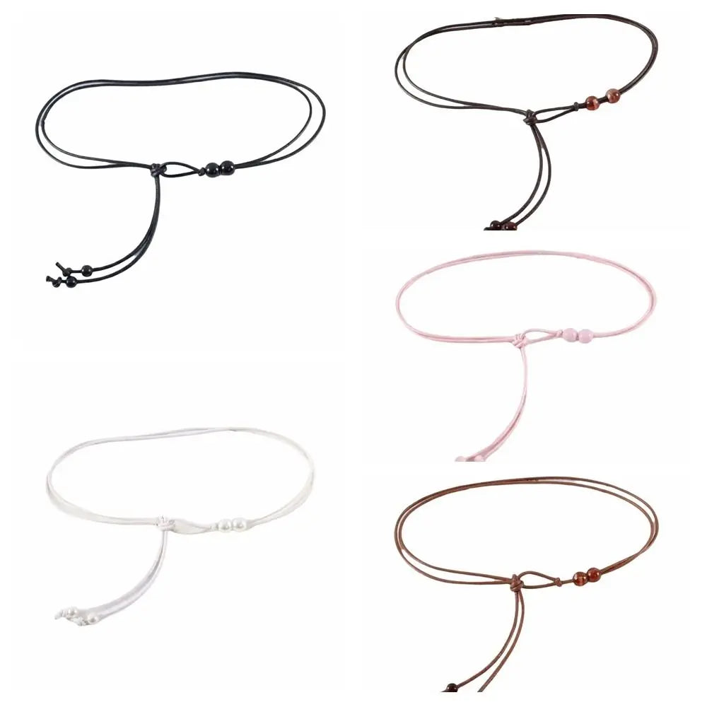 Retro Slim Rope Waist Chain Adjustable Bead Leather Waistband Chinese Qme