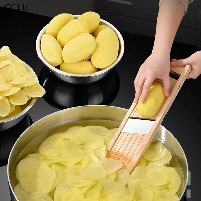Multifunction Wooden Vegetable Cutter Steel Slicer Potato Peeler Qme