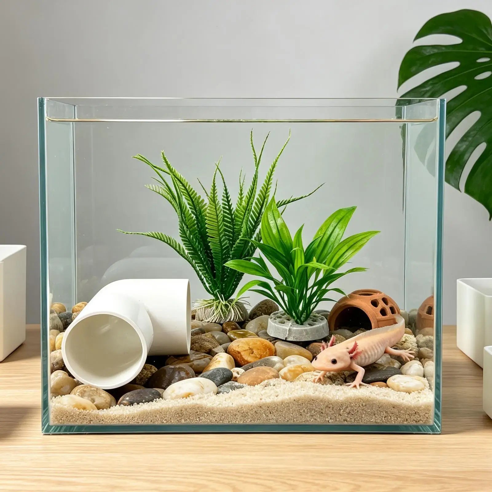 Axolotl Tank Accessories With Fake Plants Tube Small House 3-Piece Aquatic Axolotl Cave For Aquarium For Turtle Clown Crab Dwarf Qme