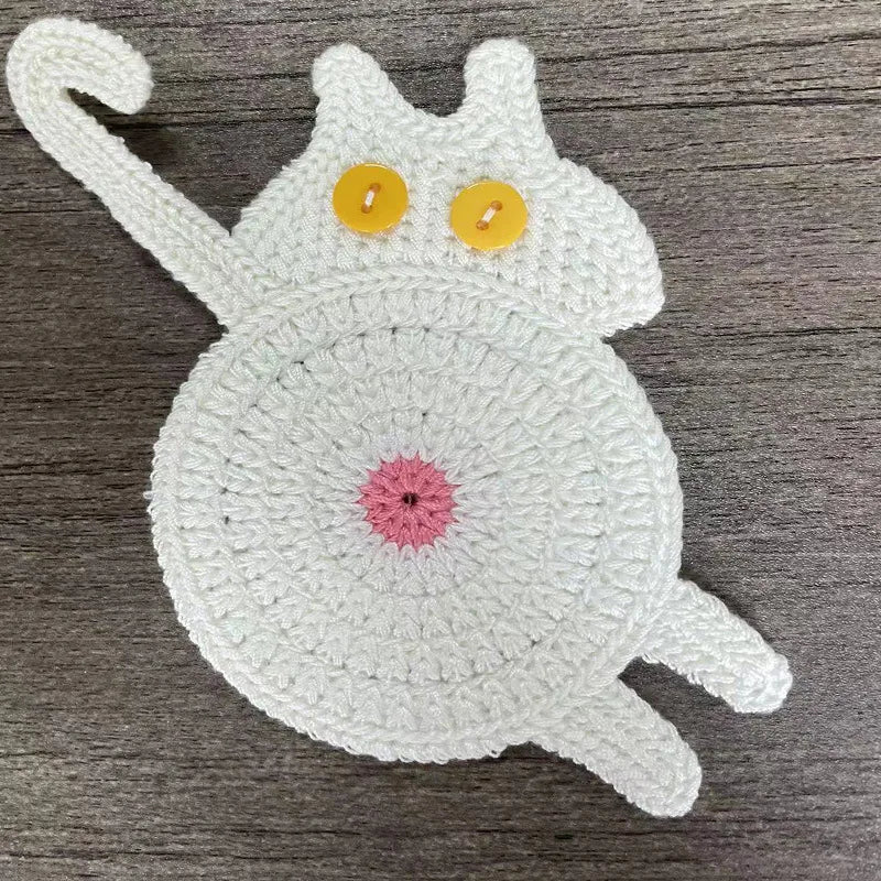 Knitted Cat Butt Coasters Cute Shaped Drink Mats Home Dining Table Qme white