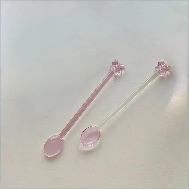 Pink Bow Glass Coffee Spoon, Long-handled Dessert/milk Tea Stirring Spoon, Heat-resistant Teaspoon, Household Kitchen Tool.. Qme C 2PCS