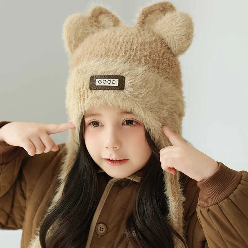 Girls' Winter Autumn Cute Bear Fleece-lined Warm Knitted Ear Qme