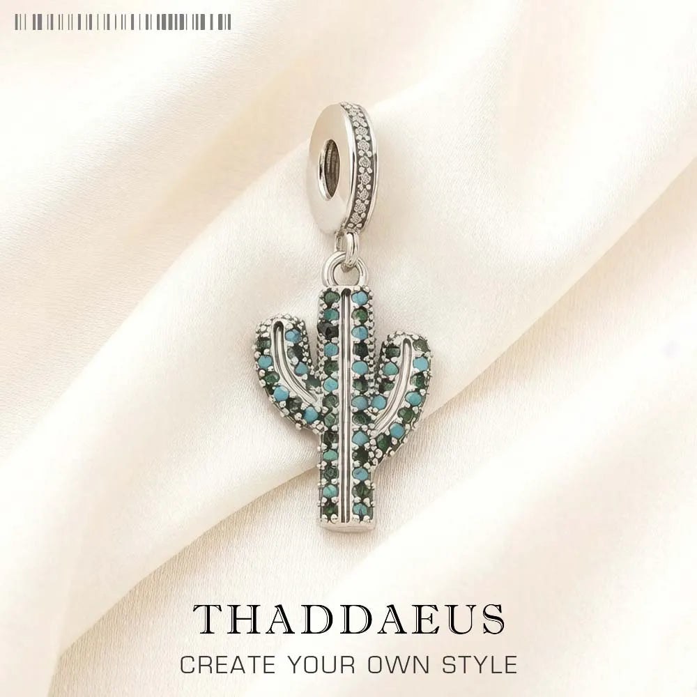 Blue Cactus Charm Fine Jewelry Europe Club Trendy Women Gift In 925 Sterling Silver Qme