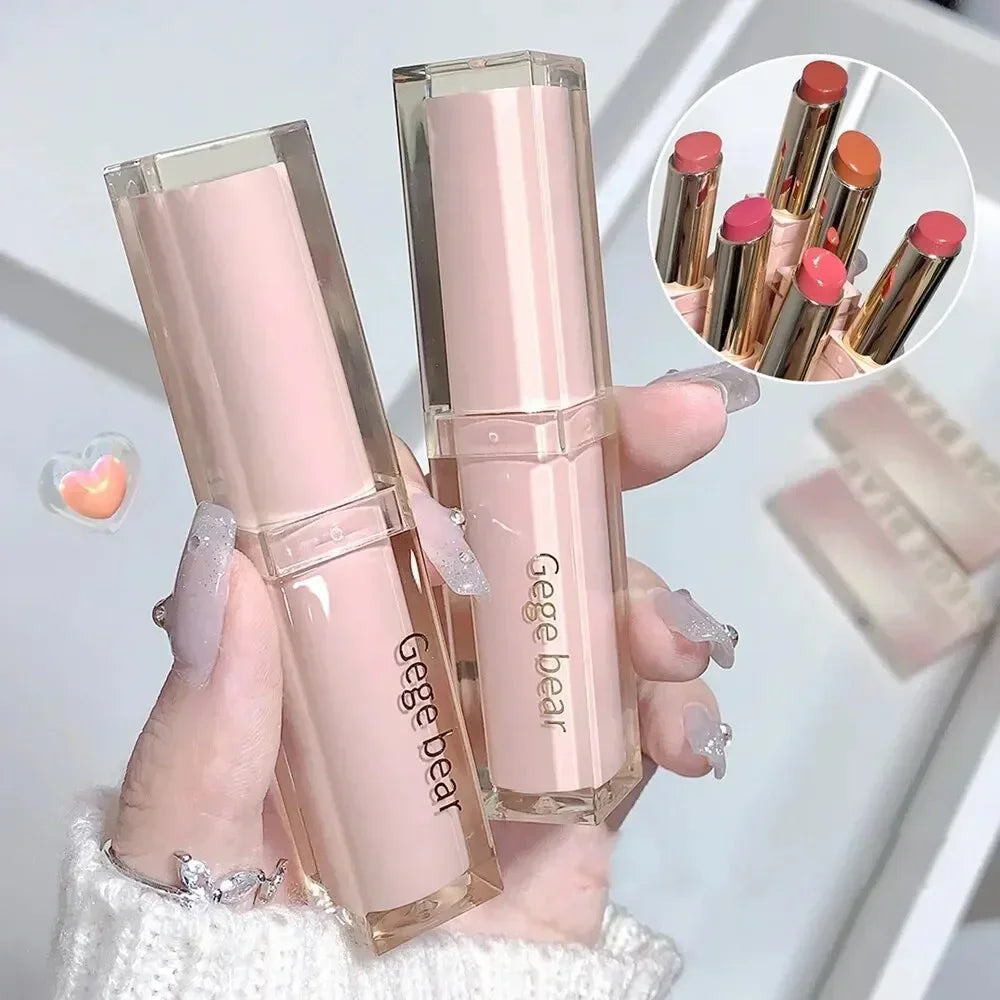 6 Colors Silky Glossy Lipstick Gege Bear Pump Lips Moisture Water Comfortable Ultra Sheen Non-Stick Cup Lip Balm Qme