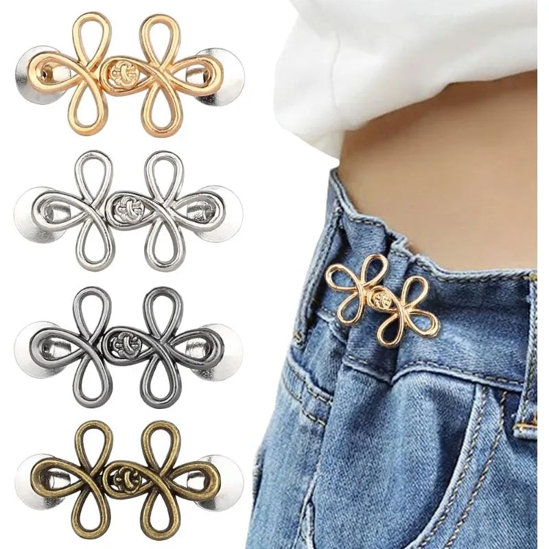 Clover Pant Waist Tightener,Waistband Tightener No Sew Buttons Pants Button Tightener, Detachable Metal Waist Buckle Pants Clips Qme