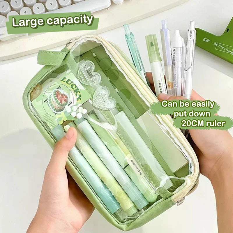 Chic Solid Pencil Case Korean Simplicity Transparent Pen Pouch Large Qme