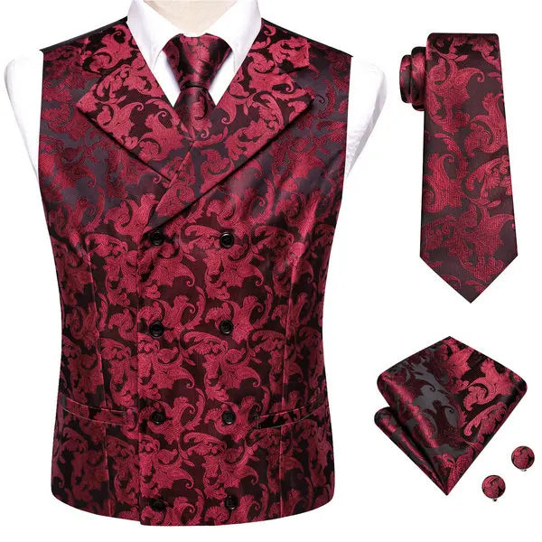 Mens Double Breasted Half Notch Lapel Waistcoat Formal Floral Qme HT-MJTZ0095 XL