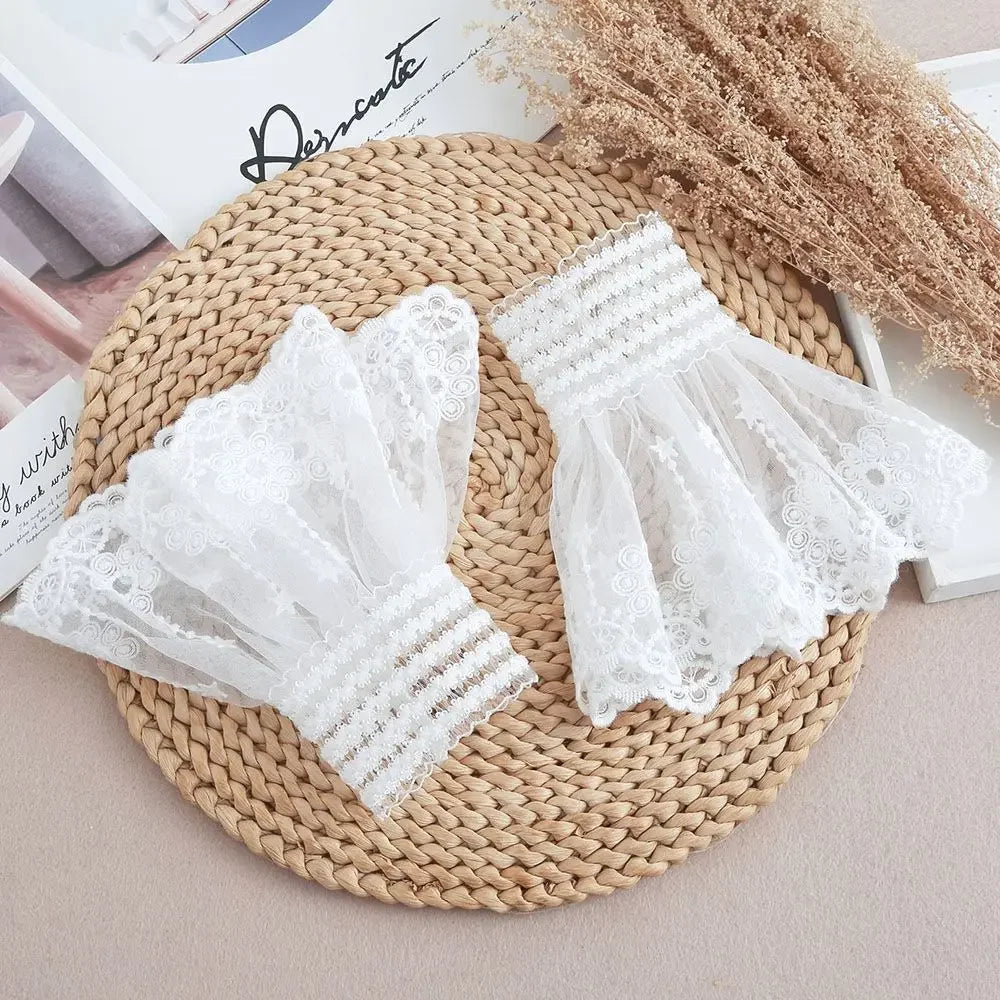 1Pair Detachable Cuffs Lace Flower Mesh Fake Flared Sleeves Double Qme WHITE One Size