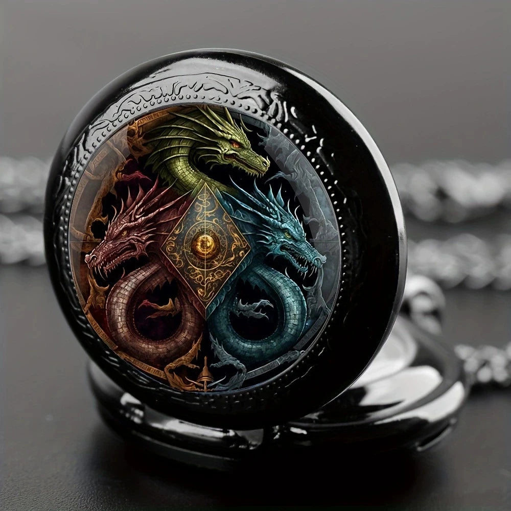 Retro Golden And Silvery Double Dragon Quartz Pocket Watch Qme Grey