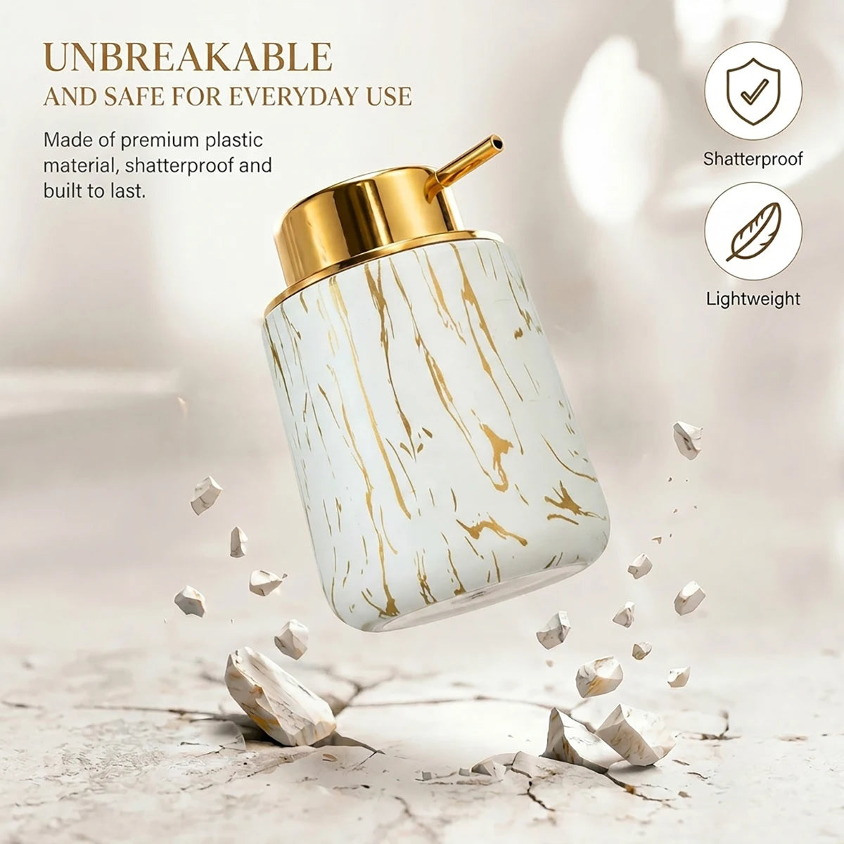 Luxury White Marble Bathroom Accessories Set Foaming Soap Dispenser Toothbrush Holder Unbreakable Plastic Gold Decor Vanity Set Qme
