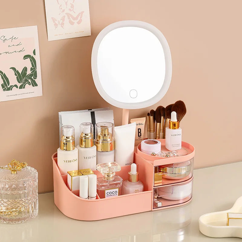 Makeup Storage Box With Mirror Desktop Dressing Table Makeup Mirror Cosmetics Jewelry Storage Box Touch Light Storage Organizer Qme MNordicPinkwithMirro