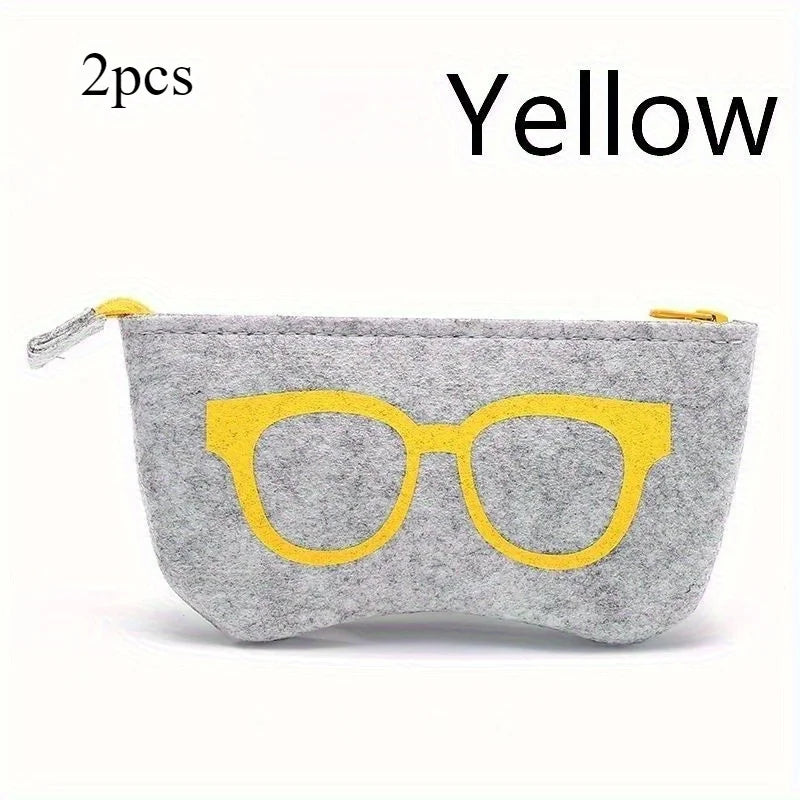 2PCS Soft Felt Eyeglasses Pouch with Zipper, Portable Sunglasses Storage Bag, Cute Glasses Print Protective Case for Men Women Qme Yellow 2pcs