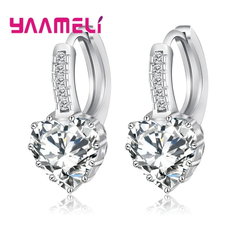 Big Sale 925 Sterling Silver Color Loop Hoop Earrings Candy Cubic Zircon Charms Women Jewelry Wedding Accessory Brincos Qme White heart