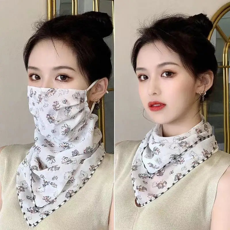 Adjustable Protection Face Chiffon Print Mask Women Sun Floral Scarf Qme