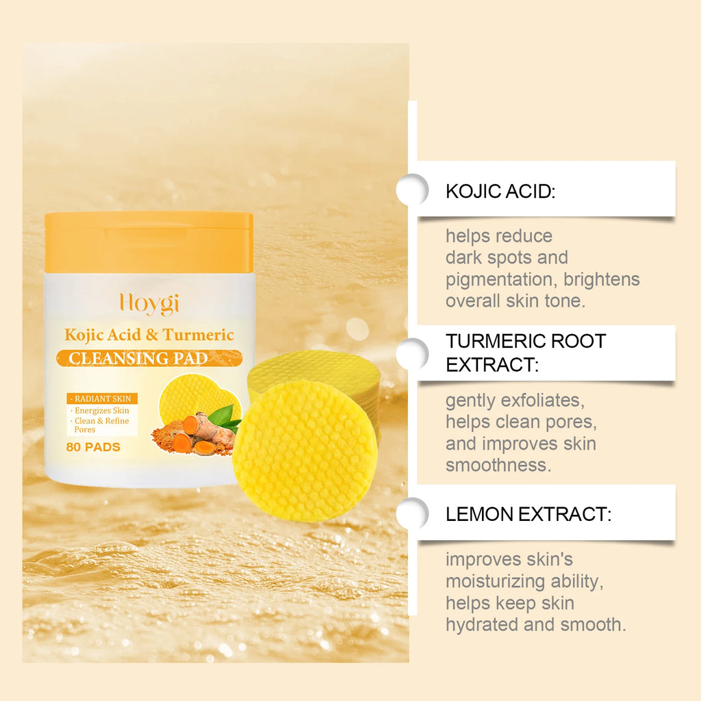 80Pcs Turmeric Kojic Acid Cleansing Pads Cleansing Exfoliating Pads Facial Sponges Refreshing Daily Facial Pore Cleansing Pad Qme