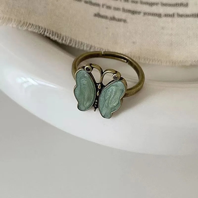 Vintage Green Style Color Butterfly Flower Opening Ring for Women Men Punk Hip Hop Metal Adjustable Finger Rings Jewelry Gift Qme hudie resizable