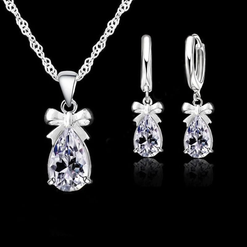 New Gift Set Real 925 Sterling Silver Color with White Stone Cubic Zirconia Dangle Earring Pendant Necklace Woman Jewelry Set Qme Default Title