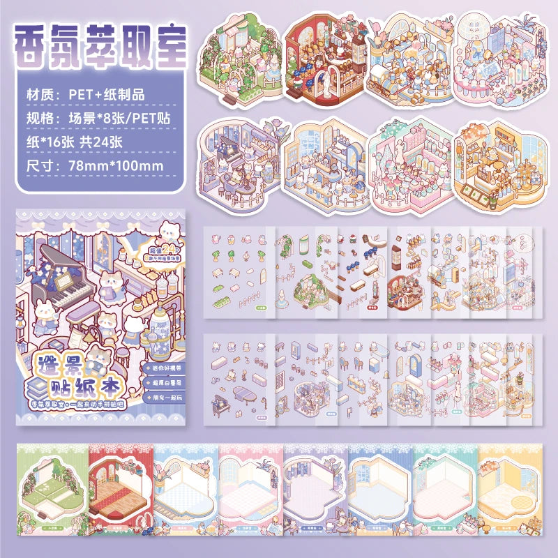 TIANZI 24/96 Pcs 3D Cartoon Landscape Sticker Book DIY Scrapbooking Aesthetic Stationery Stress Relief for Students Qme D-24 Pcs