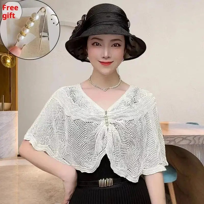 Fashion Knitted Shawl Brooch Hollow Out Summer Air Conditioning Fake Qme White