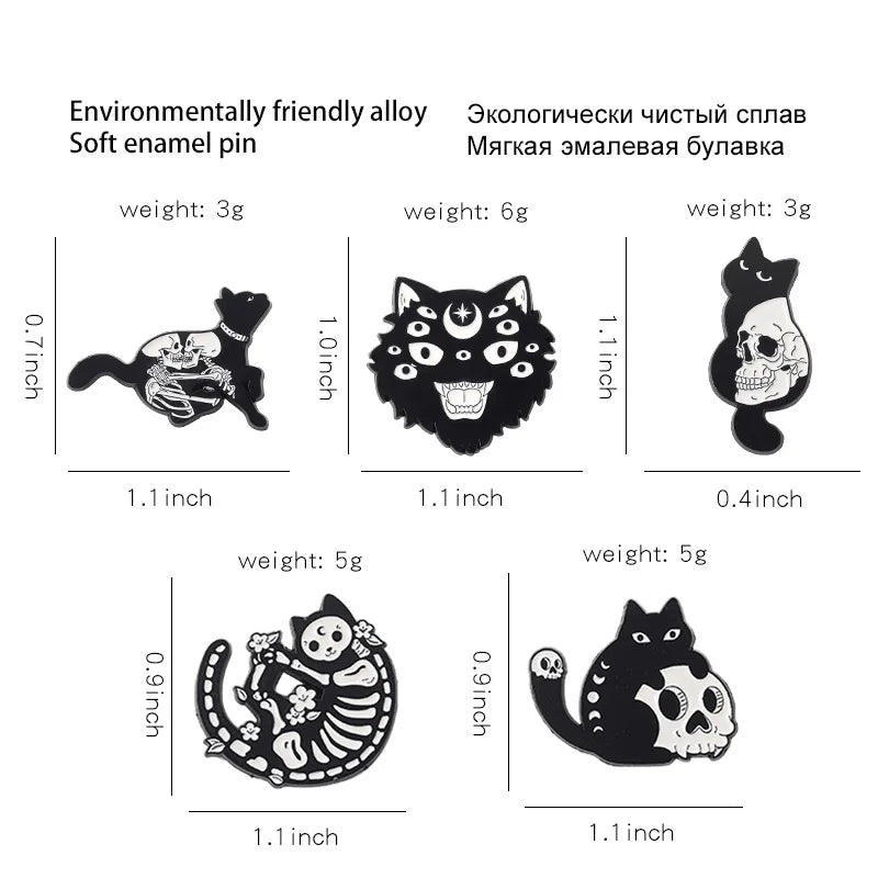 Black Cat Enamel Pin Skull Skeleton Brooch Badge Animal Gothic Flower Jewelry Kids Gift Party Lapel Clothes Backpack Wholesale Qme