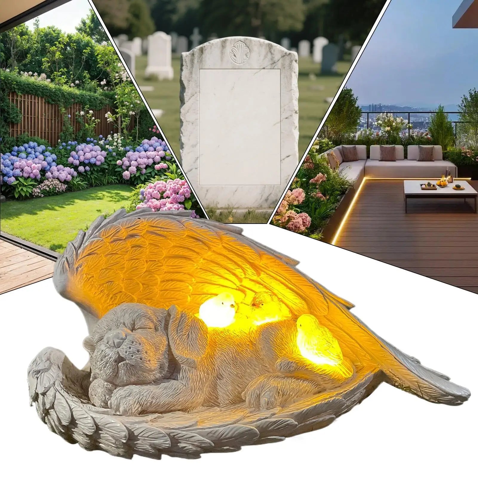 Angel Dog Figurine Memorial Sculpture Solar Light Waterproof Resin Qme