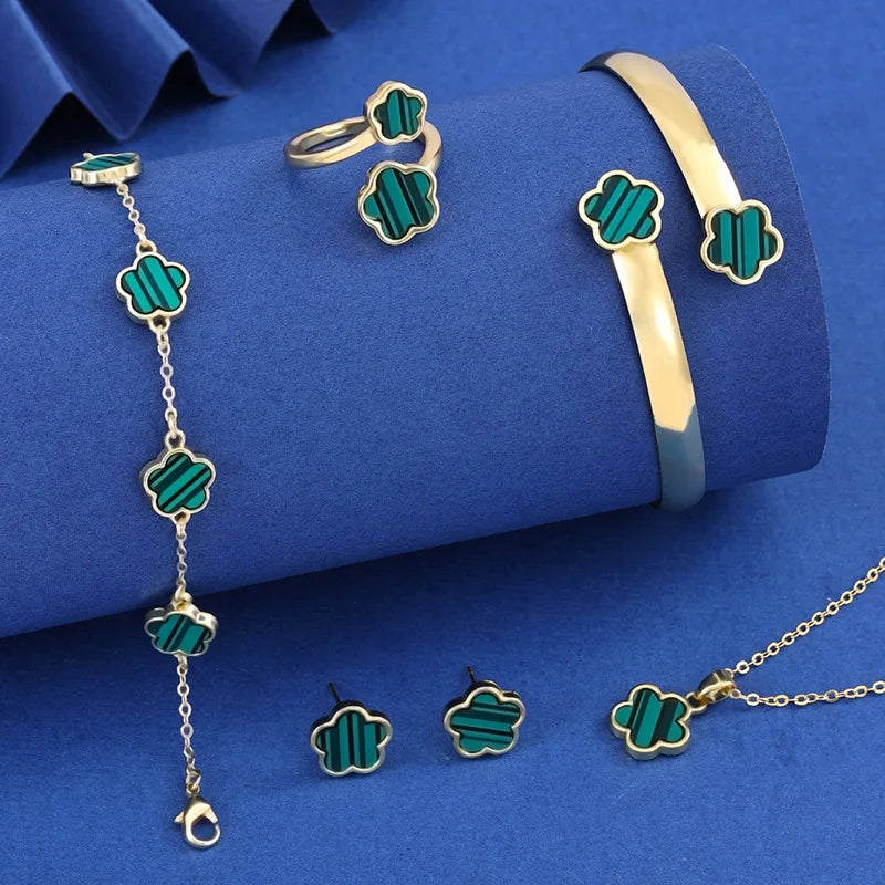 5PCS Five Leaf Flower Jewelry Set Bracelet Necklace Earrings Ring Bangle Classic for Woman Girl Party Brand Jewelry Gift Clover Qme