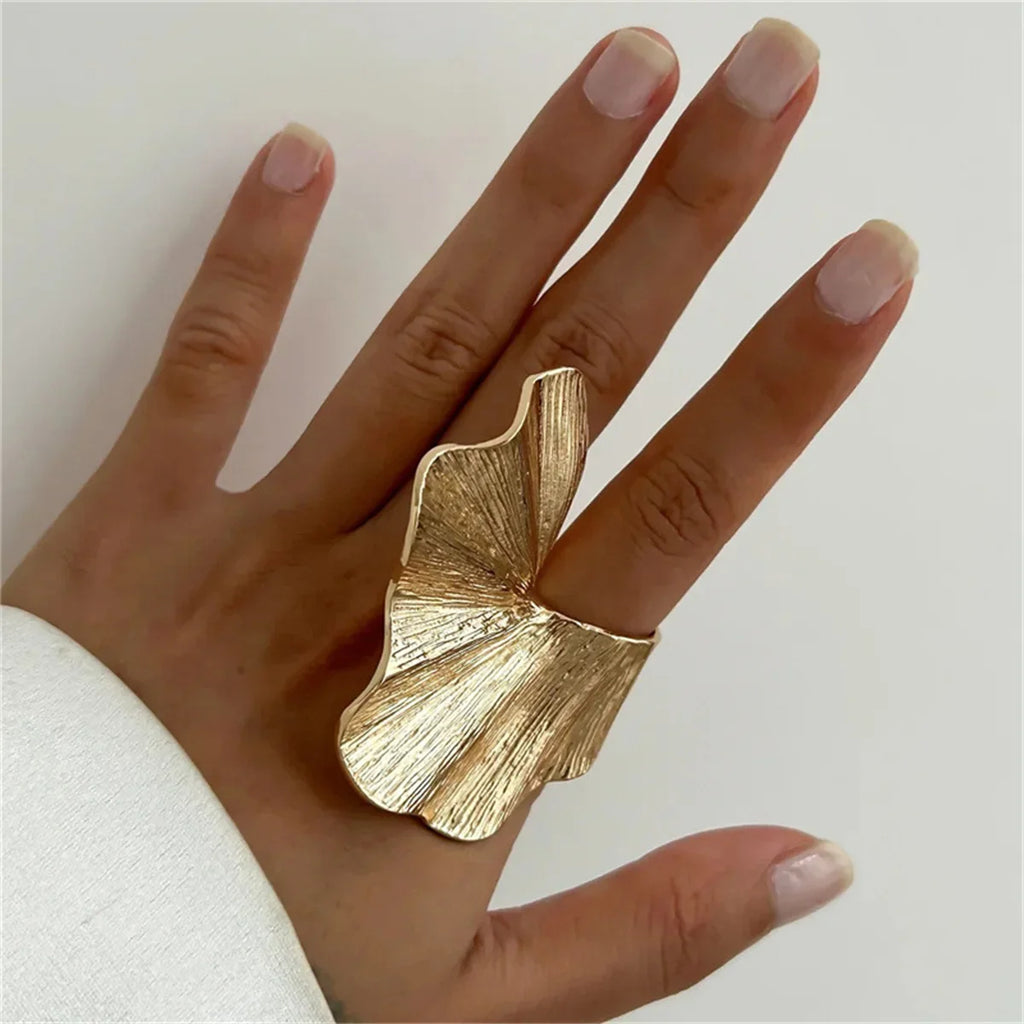 Fashion Leaf Ring for Women Men Fashiontrend Classic Metal Pleated Personality Leaf Fan-Shaped Finger Ring Punk Party Jewelry Qme